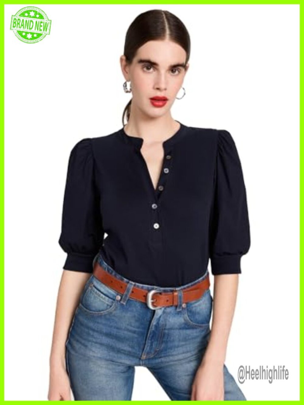 Veronica Beard Jean Coralee Top Ribbed Jersey Elbow Sleeve Henley